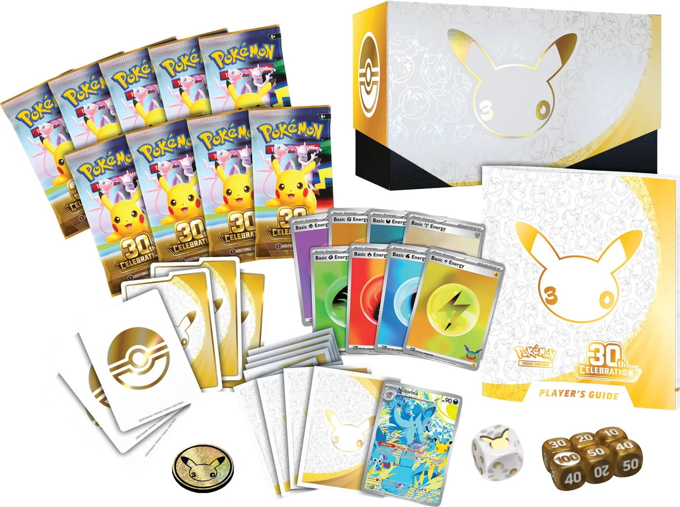 Everything inside the 30th Celebration Elite Trainer Box, laid out